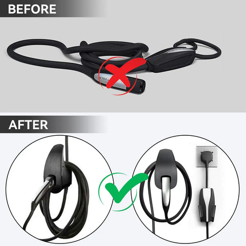 Comparison of Slick Wall Mount Charging Cable Organizer For Tesla before and after installation with tidy cord management.