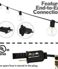 25 Foot G40 Globe String Lights With 25 LED Bulbs For Indoor And Outdoor Use End To End Connectable UL Listed Candelabra E12 Sockets showing plug and fuse
