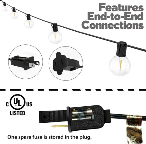 25 Foot G40 Globe String Lights With 25 LED Bulbs For Indoor And Outdoor Use End To End Connectable UL Listed Candelabra E12 Sockets showing plug and fuse