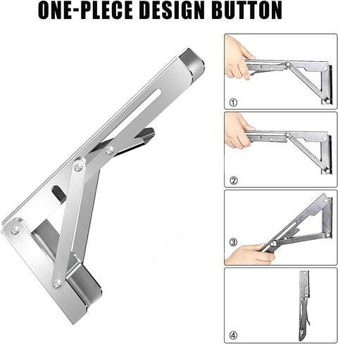 Heavy Duty Stainless Steel Folding Shelf Brackets in use showing collapsible features and one-piece design.