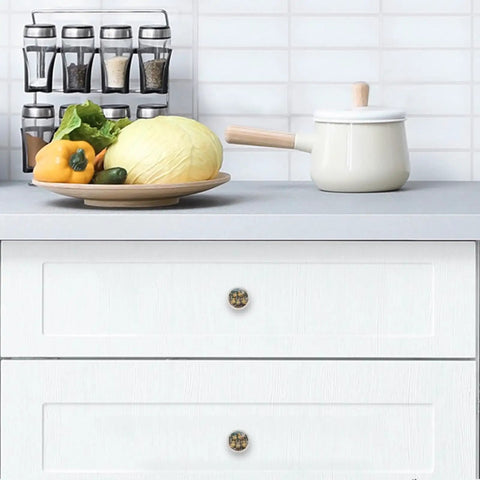 Four Pack White Dresser Knobs With Crystal Glass Accents on kitchen drawers, 35mm mushroom style, flower and fence pattern