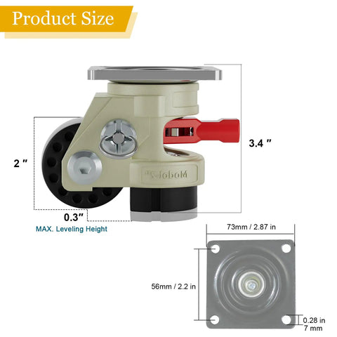 Hella Sturdy Heavy Duty Leveling Casters With Snap Lock Brakes And Smooth Glide Wheels Adjustable Height dimensions 2 inch and 3.4 inch
