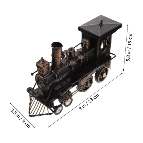 Locomotive Model Retro Steam Train Sculpture For Desktop Decoration, side view with dimensions, diecast vintage train ornament.