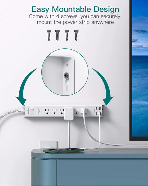 Badass 10 Foot Extension Cord With Built In Surge Protector Power Strip mounted on wall, showing AC outlets and USB ports.