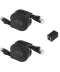 Two 6.6 Ft Retractable Flat Cat6 Ethernet Cable 2 Pack with Tangle Free Storage, RJ45 connectors, and LAN adapter visible