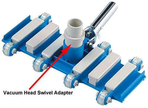 One And A Half Inch Pool Vacuum Head Swivel Adapter For Manual Vacuum Hose Replacement Prevents Hose Twist Fits Pentair Vacuum Heads 214R 222R 214 222 229 250 252 Hose Swivel Connector, white plastic on blue vacuum head