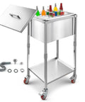 Rolling Ice Chest Cooler Cart With Stainless Steel Build On Wheels 32.8 Quart Drop In Ice Bin Outdoor Stand Up Party Ready Cooler Trolley With Shelves
