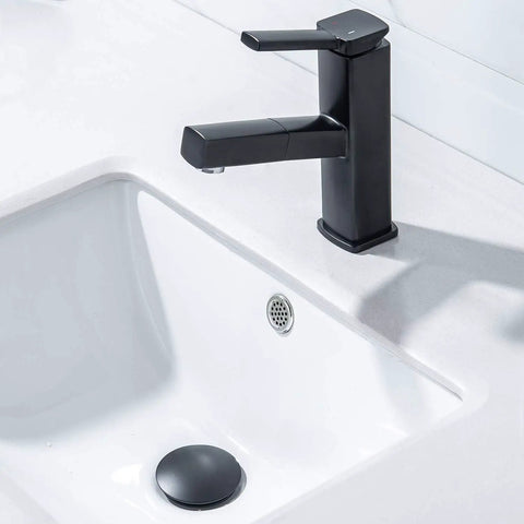 Pop Up Bathroom Sink Drain Stopper With Overflow For Vessel Sinks, Detachable Basket Stopper, Matte Black Finish in a white sink