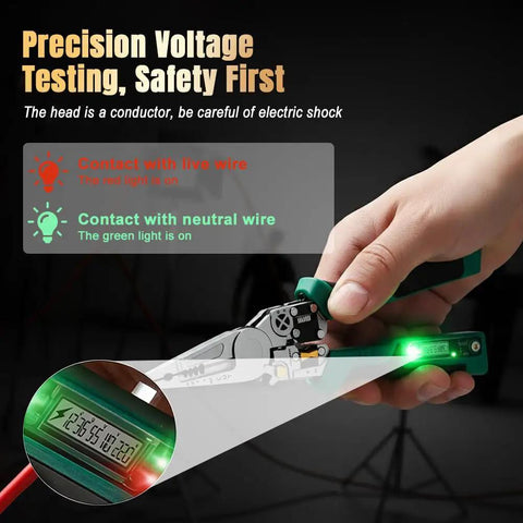 Person using 8 In 1 Wire Stripper Pliers With Voltage Tester to check live and neutral wires. Green light indicates neutral contact.