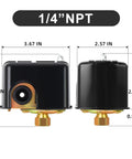 Water Well Pressure Switch 30 to 50 PSI 1/4 Inch Female NPT, dimensions and side view, for submersible pumps and pressure tanks