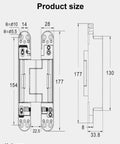 Universal Zinc Alloy Door Hinges Hydraulically Adjustable Three Way showing measurements and product size, 177mm x 130mm design layout.