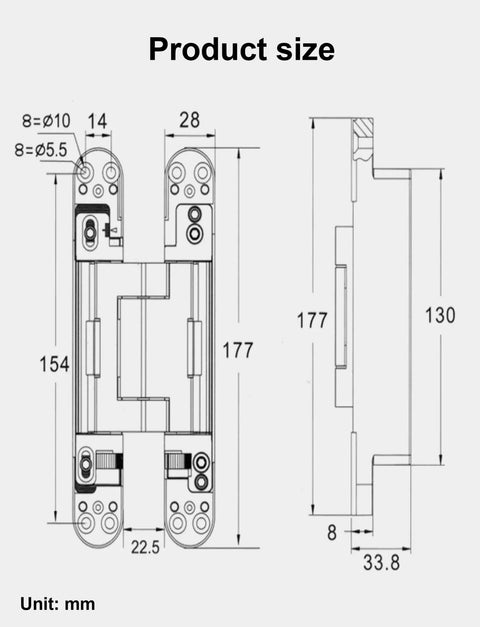 Universal Zinc Alloy Door Hinges Hydraulically Adjustable Three Way showing measurements and product size, 177mm x 130mm design layout.