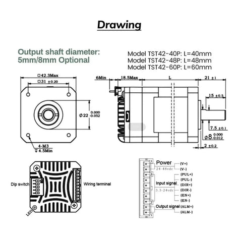 Drawing of Nema 17 42mm Closed Loop Stepper Motor dimensions and wiring, 5mm shaft for CNC and 3D printers