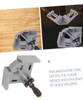 Heavy Duty Right Angle Clamp For Woodworking And Precision Welding With Badass Aluminum Build, showing grey clamp with stainless steel handle.
