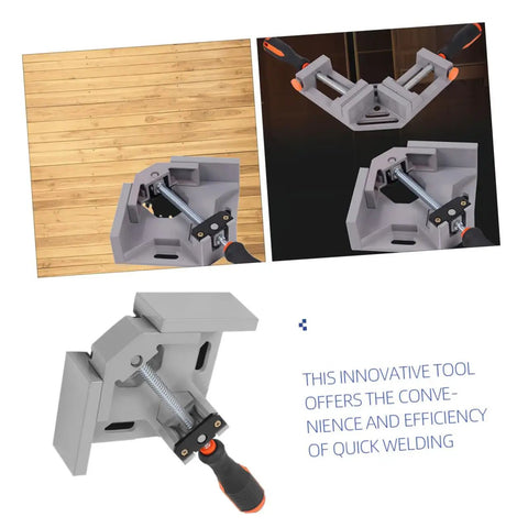 Heavy Duty Right Angle Clamp For Woodworking And Precision Welding With Badass Aluminum Build, showing grey clamp with stainless steel handle.