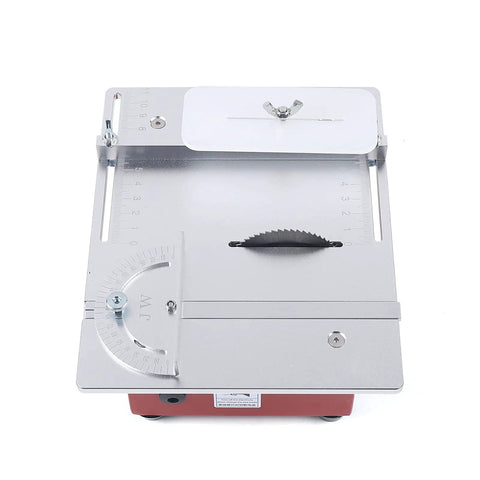 Slick Mini Table Saw Fueled By A Rugged Dual Motor For Quick Wood And Pcb Cuts Top Tier Diy Workbench view of cutting surface and blade.