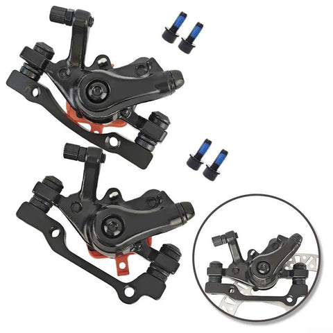 Dope Heavy Duty Aluminum Mechanical Disc Brake Calipers Pair For Bikes And Scooters with bolts and detailed view.