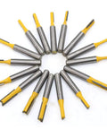 Knockout 100 Piece Router Bit And Chisel Set With 1/4 Shank showing 15 router bits with yellow tips for tongue groove trimming.