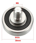 Close-up of Bearing Roller With Threaded Rod 30x9mm M8x12mm for Sliding Door Track Guide, showing dimensions and smooth stainless steel finish.