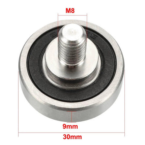 Close-up of Bearing Roller With Threaded Rod 30x9mm M8x12mm for Sliding Door Track Guide, showing dimensions and smooth stainless steel finish.