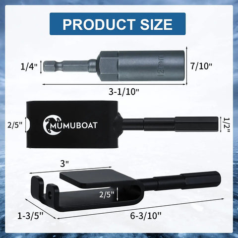 Ice Anchor Drill Adapter Kit With Storage Bag showcasing sizes and dimensions of four ice anchor tools for setup.