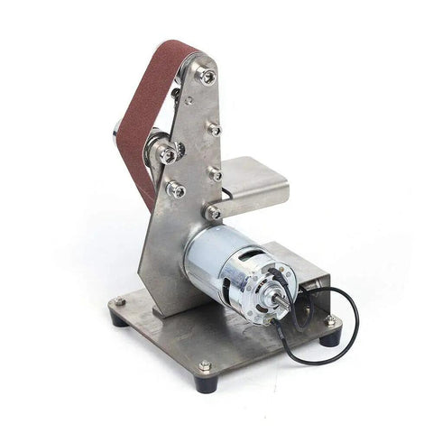 Electric Mini Belt Sander Heavy Benchtop Grinder And Polisher Sporting 9000Rpm Adjustable Speed showing aluminum body and sanding belt.