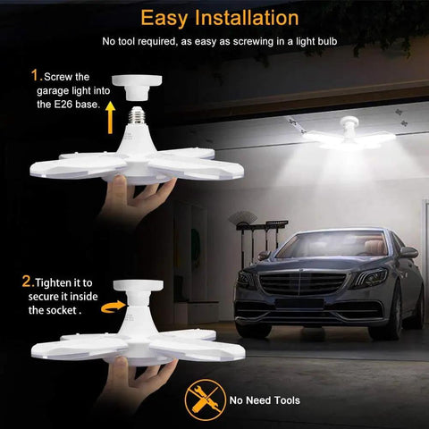 Installation illustration of Four Pack LED Garage Lights Deformable Trilights Ceiling Fixture 60W Equivalent Four LED Bulbs Deliver 6000LM 6000K Daylight