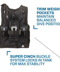 Super Cinch Front Adjustable Scuba Diving BCD With Balanced Power Inflator for recreational diving small in black with trim weight pockets and buckle system