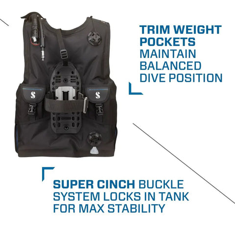 Super Cinch Front Adjustable Scuba Diving BCD With Balanced Power Inflator for recreational diving small in black with trim weight pockets and buckle system
