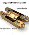 Hidden 6 Inch 3 Way Adjustable Concealed Door Hinges Set Of 2 In Zinc Alloy With 180 Degree Swing For Invisible Doors And Feature Walls Gold Finish No Visible Pins For Sleek Modern Interiors shown in close-up view with copper structure and smooth operation