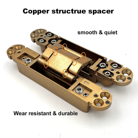 Hidden 6 Inch 3 Way Adjustable Concealed Door Hinges Set Of 2 In Zinc Alloy With 180 Degree Swing For Invisible Doors And Feature Walls Gold Finish No Visible Pins For Sleek Modern Interiors shown in close-up view with copper structure and smooth operation