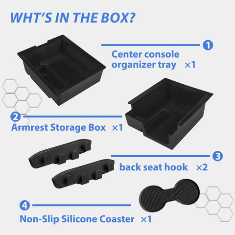 Product components of Must Have Tesla Model Y And Model 3 Center Console Organizer Kit with flocked storage boxes and hooks