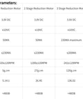 Reduction motor parameters table for Tiny 6mm Micro Planetary Gear Reducer showing specifications for 1 to 4 stage motors.