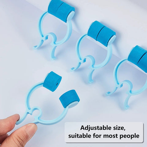 Front view of 4 blue plastic nose clips with foam cushions for stopping nosebleeds.