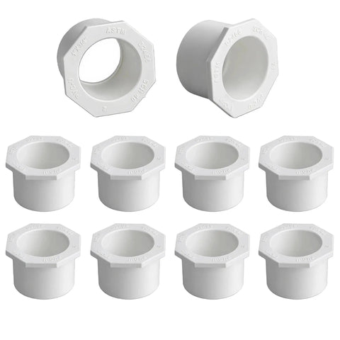 3/4 X 1/2 Inch PVC Reducing Bushing Socket To Socket White Pipe Fitting Adapter 10 Pack Schedule 40 Plastic Reducer Bush For Home Plumbing Pool And Industrial Use, white PVC reducer bush set