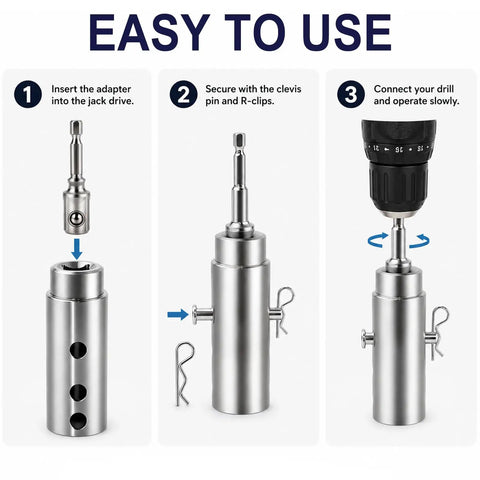 Heavy Duty Trailer Jack Drill Adapter Built Like A Tank Stainless Steel With One Inch Drive Shaft And Half Inch Socket Bit Universal For All Cordless Drills To Make Rv Camper Setup No Sweat installation steps with adapter and drill connection.