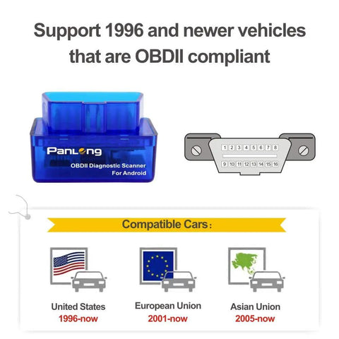 Bluetooth OBD2 Scanner And OBDII Diagnostic Tool Car Code Reader That Turns Off Check Engine Light with compatibility chart.