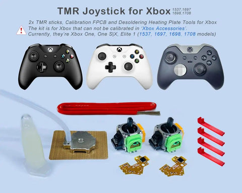2x TMR Joystick Replacement Kit For Xbox One Controllers with tools and calibration PCB displayed on a blue background.