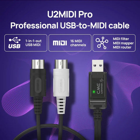 U2MIDI Pro USB MIDI Interface Cable with Filter and Mapper, 1-in-1-out ports and USB connector, 16 MIDI channels