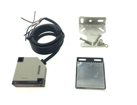 Retroreflective Photoelectric Beam Sensor Switch 12-24V DC, 4m Detection Range, shown with reflector panel and mounting hardware