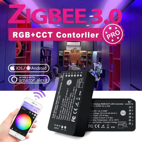 Zigbee 3.0 RGBCCT LED Strip Controller Pro Voice Control With Alexa App And Remote on display with color wheel app