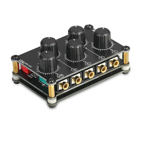 MC5 Mini Portable Stereo Mixer With Four 3.5mm Inputs And One 3.5mm Output, Passive No Power Needed, black knobs and gold connectors.
