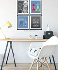 Science Pun Room Decor Set Of 4 Nerdy Lab Wall Art Prints 8x10 Unframed on wall above desk with chair and lamp.