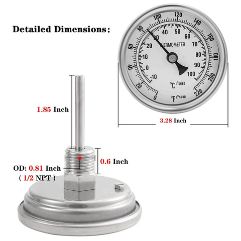 3 Inch Dial Kettle Thermometer With 2 Inch Probe Half NPT Stainless Steel Dual Scale Fahrenheit Celsius For Home Brewing No Fuss Quick Install On Your Brew Pot Food Safe Temperature Gauge, dimension view