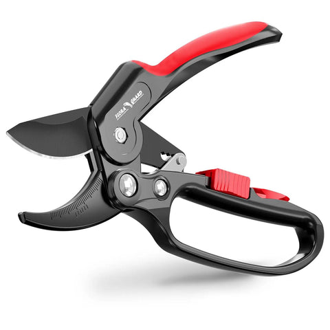 Black and red Ratchet Pruning Shears for Gardeners, 3x Cutting Power, ergonomic design, shown from side angle