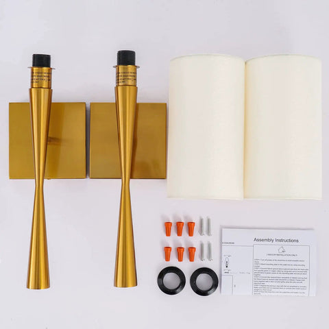 Antique Brass Wall Sconce Set Of 2 With Cream White Fabric Shade, Modern Brush Finish, Dimmable Go-To Lighting For Vanity, Stairway, Fireplace, Kitchen, Living Room And Bedside