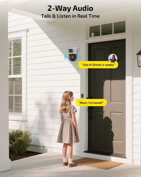 4K Ultra HD Auto Tracking Wired Security Camera System With Outdoor PoE PTZ Cameras Dual Lens Surveillance Kit shown in use with 2-way audio