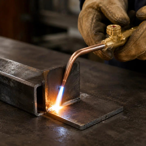 Portable Oxygen Acetylene Gas Welding Kit With Cutting Torch Brazing Set in use on metal for DIY metalwork home projects