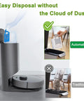 Demonstration of Eight Pack Roomba Vacuum Bags For I7 I8 S9 J7 With Clean Base, showing automatic dirt disposal feature.