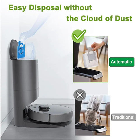 Demonstration of Eight Pack Roomba Vacuum Bags For I7 I8 S9 J7 With Clean Base, showing automatic dirt disposal feature.